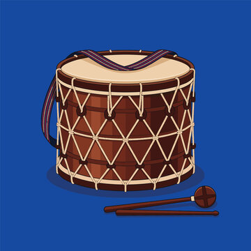 Traditional wooden davul drum with drumsticks and shoulder strap isolated on blue background in detailed vector style celebrating cultural heritage, folk music and festival traditions.