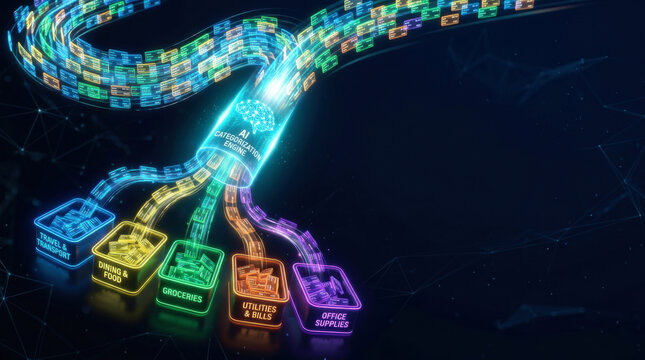 Glowing digital pipeline sorting data files into categorized folders using an AI categorization engine representing machine learning, automated accounting, and smart data management.