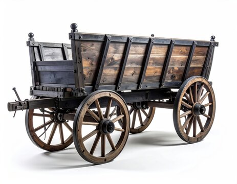 Rustic wooden wagon with sturdy wheels, featuring dark metal accents