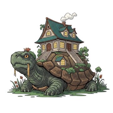 Fantastic creature carrying a house on its back with whimsical details