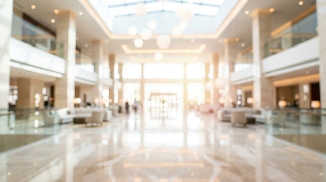 Blurred image of luxury hotel lobby interior with bright natural sunlight streaming through large glass windows featuring high ceilings and marble floors for professional business background use