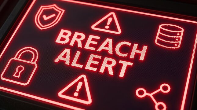 Digital display showing "Breach Alert", internet security, data protection concept