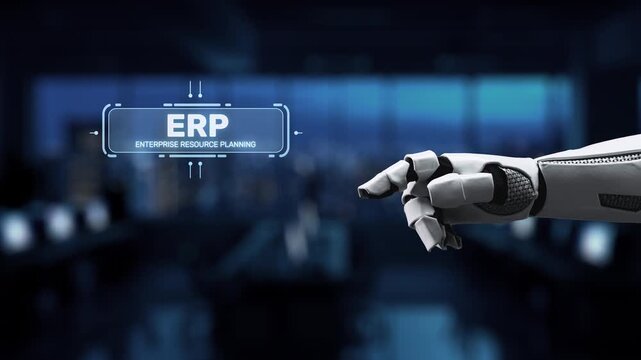 A robot hand points to an ERP system concept showcasing modern business technology. The image highlights digital integration, data analysis, and innovative resource planning. Synapse