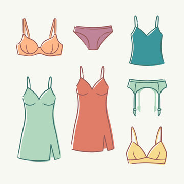 Collection of hand-drawn lingerie icons including underwire and triangle bras, panties, camisole, slip dresses, and garter belt, illustrated in muted colors on a plain background.