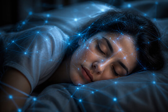 A woman sleeping in bed with a blue digital network overlay.