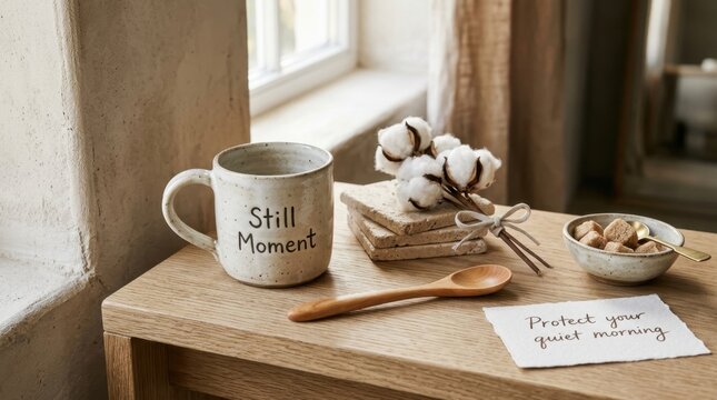 Cozy ceramic mug with still moment text sitting on a wooden table next to cotton flowers and a mindful note about protecting quiet mornings, creating a peaceful rustic interior atmosphere for all.