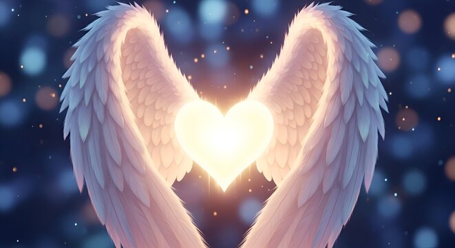 Glowing heart held between angelic wings with bokeh background