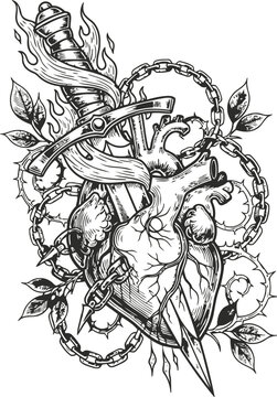 Engraving vintage dagger piercing anatomical heart with chains and thorns in dramatic lighting