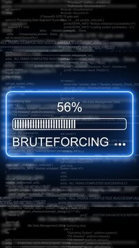 Cyber security brute force attack simulation with progress bar and scrolling source code background hacking