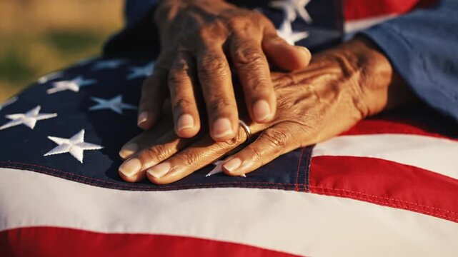 Senior hand resting on folded American flag at funeral