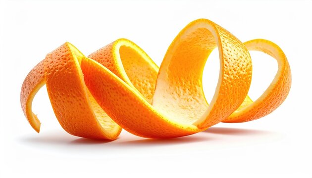 Vibrant orange peel twisted into a decorative spiral against white