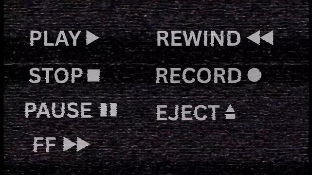 Nostalgic retro video player control panel. Features classic play, stop, rewind, record, pause, eject buttons and a grainy analog screen effect