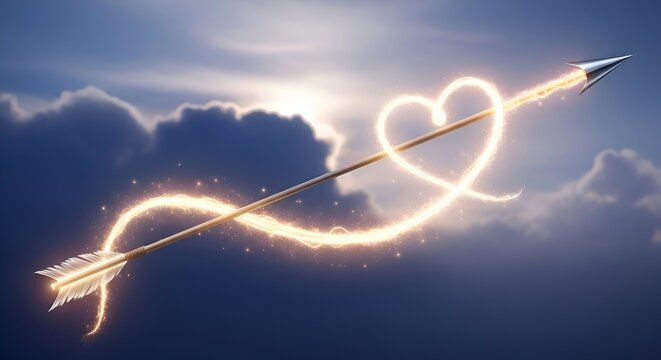 Golden arrow of love shoots through clouds leaving a heart shaped trail