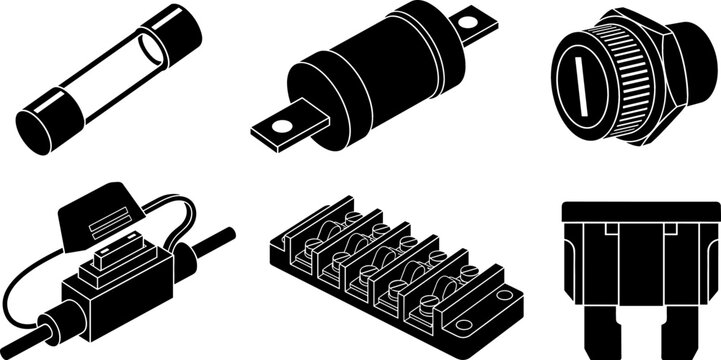 Electrical Fuse Component Isometric Vector Set Featuring Glass Cartridge, Blade Car Fuse, Inline Holder, Terminal Block, and Panel Mount Parts