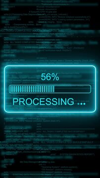 Digital data processing progress bar with scrolling source code background, loading