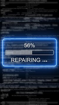 Digital system repair progress bar with scrolling code background, for cyber security, and data recovery concepts