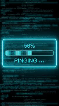 Digital progress loading bar with glowing neon ui and scrolling system code background, interface