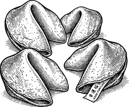 Four ENGRAVING VINTAGE fortune cookies with a paper slip during a studio light setting conveying good luck