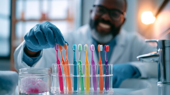 Dentist Organizing Colorful Toothbrushes in Modern Healthcare Setting for Patient Education and Hygiene