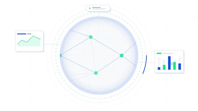 Digital global network sphere displays interconnected data points and analytics charts for business intelligence