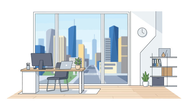 Modern Office Interior with City Skyline View, Desk with Computer and Laptop, Workspace for Remote Work or Business Operations
