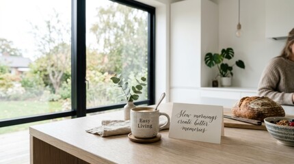 Fototapeta premium Elegant morning breakfast setting with coffee mug and inspirational card on wooden table near large window overlooking green garden creates peaceful atmosphere for healthy start in a modern kitchen