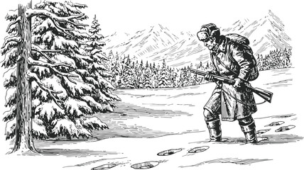 Obraz premium Hunter with rifle tracking footprints in snowy mountain landscape an ENGRAVING VINTAGE scene of wilderness exploration