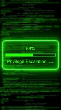 Cyber security privilege escalation progress bar with green matrix code background, hacking data breach