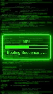 Digital booting sequence loading bar with green matrix code background, progress bar technology