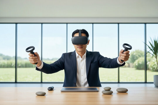 Professional man working in virtual reality environment with controllers
