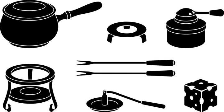 Cheese Fondue Set Isometric Vector Icon Collection Featuring Melting Pot Burner Rechaud Stand Long Forks and Gourmet Swiss Cheese Cube