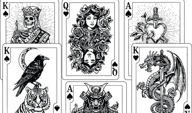 Playing cards with intricate vintage engraving designs including skeleton king raven tiger samurai and dragon motifs