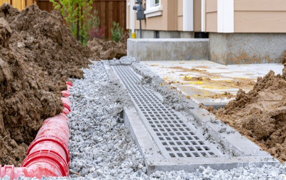 Installation of Linear Trench Drain in Residential Area Near House Foundation with Gravel and Soil