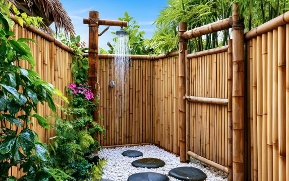 Tranquil Outdoor Rustic Bamboo Shower Enclosure Surrounded by Lush Greenery and Natural Elements