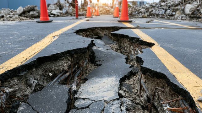 Detailed View of Road Damage Caused by Earthquake with Cracks and Construction Barriers in Urban Area