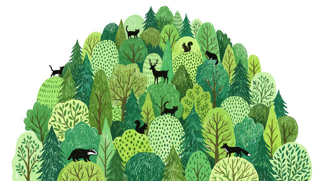 Charming hand drawn illustration of lush green forest with wildlife elements