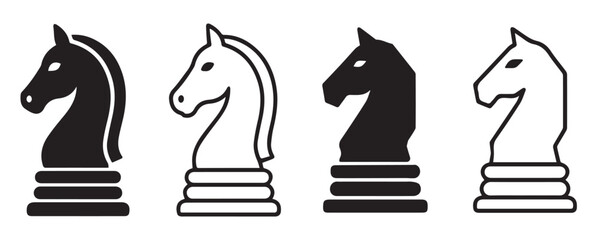 Chess Knight Piece Icon Set, Horse Chess Vector Icons in Outline, Solid and Silhouette Styles © maxalamin09