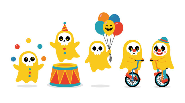 Charming cartoon ghosts engaging in fun activities with colorful balloons