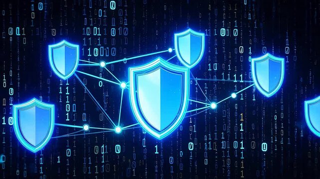 Animated Blue Digital Shields Connected in Network Over Binary Code Background - Cybersecurity Concept