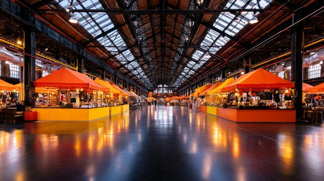 Spacious Interior of a Vibrant Marketplace with Organized Stalls and Bright Orange Tents