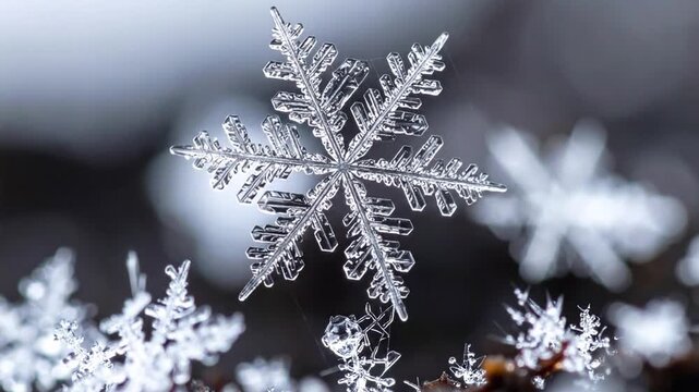 A detailed macro close-up of a single natural ice crystal snowflake