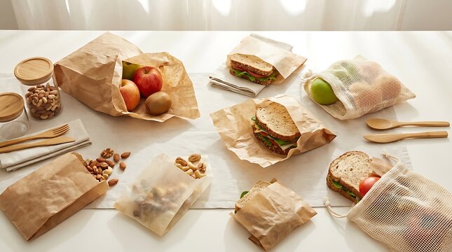 Healthy lunch items in eco friendly brown paper bags and wooden cutlery on a table. biodegradable snack wraps