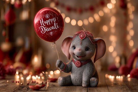 Adorable 3D Artwork of a Smiling Baby Elephant in Festive Dress Holding a Balloon for Diwali Celebration