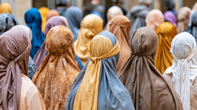 Women Wearing Colorful Headscarves Gather in Community Setting, Audience View from Behind, Inclusive Atmosphere