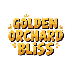 Fototapeta premium Golden Orchard Bliss typography design featuring shiny yellow bubble lettering for agricultural harvest branding and organic fruit produce packaging labels with decorative foliage elements