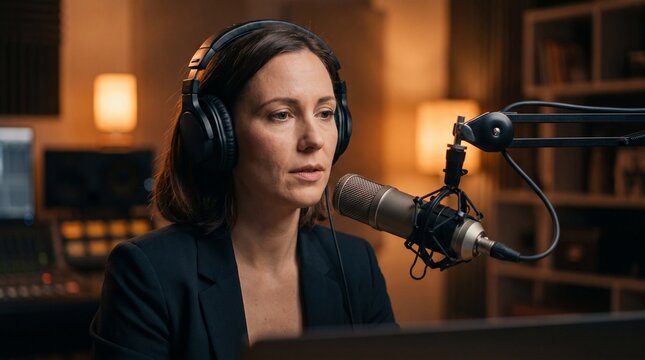 Professional Female Broadcaster Speaking into Studio Condenser Microphone for Live Podcast