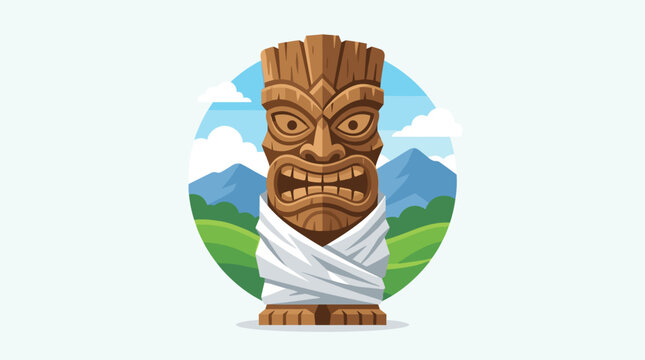 Detailed flat illustration of a tiki statue surrounded by a scenic landscape