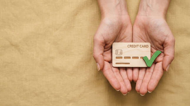 Hands holding a wooden credit card icon with a green checkmark representing secure payment, approved financial transaction, and safe banking concept.