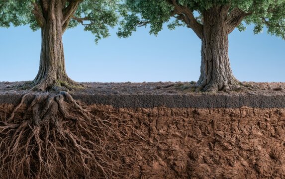 Detailed 3D Render of Cross-Sectional View of Soil and Tree Roots with Lush Green Canopy Above