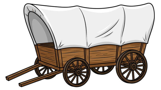 Cartoon style covered wagon with wagon wooden wheels wheels white canopy